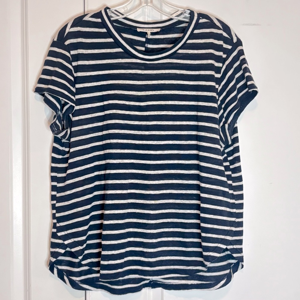Frame Navy White Stripe Easy Tee Short Sleeve Linen L